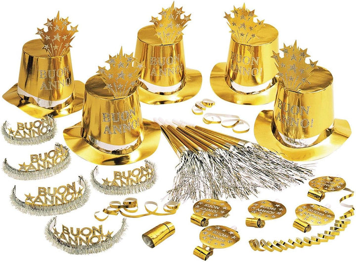 "GOLD BUON ANNO PARTY KIT" for 10 persons (5 top hats, 5 crowns, 5 sounding trumpets, 5 sounding blo