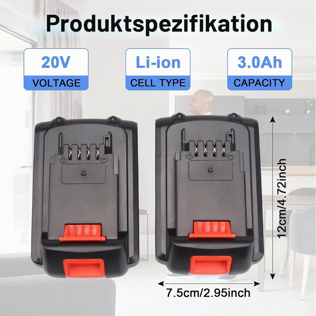 2 Stück 20 V 3000 mAh Lithium-Ersatz-Werkzeugakku für Black &amp; Decker BL1518 BL2018 LBXR20 LBXR2020-O
