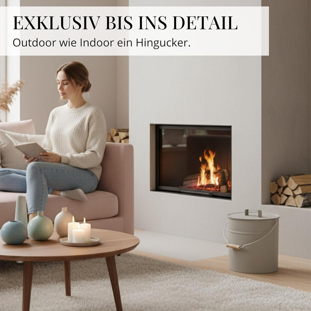 LIVLIG Premium Ascheeimer mit Deckel 12L Greige, exklusiver verzinkter Eimer mit Deckel für moderne
