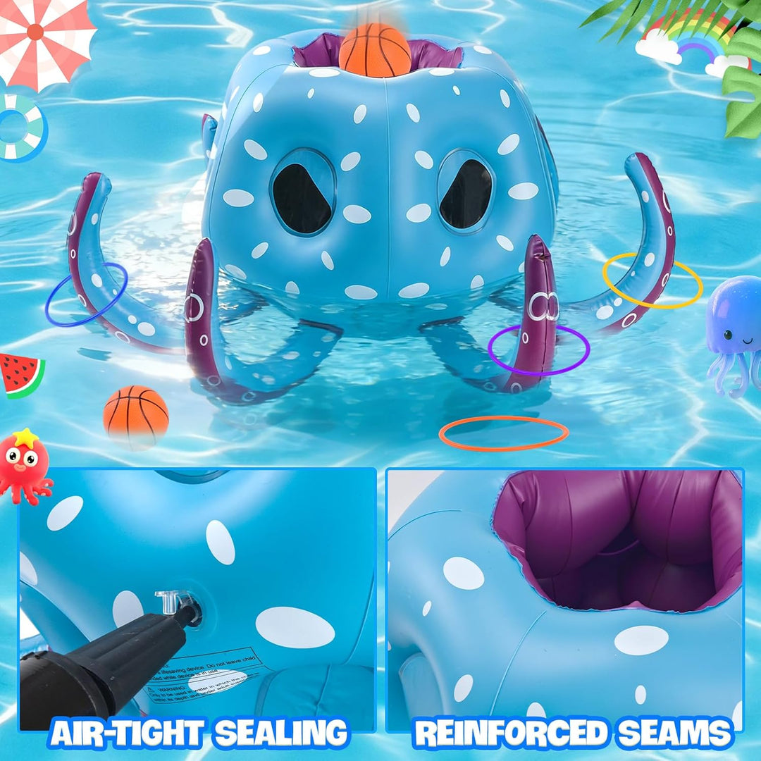 Aufblasbares Oktopus Poolspielzeug, 2-in-1 Aufblasbare Schwimmer Wasser Spiel, Pool Basketballkorb &