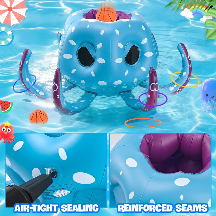 Aufblasbares Oktopus Poolspielzeug, 2-in-1 Aufblasbare Schwimmer Wasser Spiel, Pool Basketballkorb &