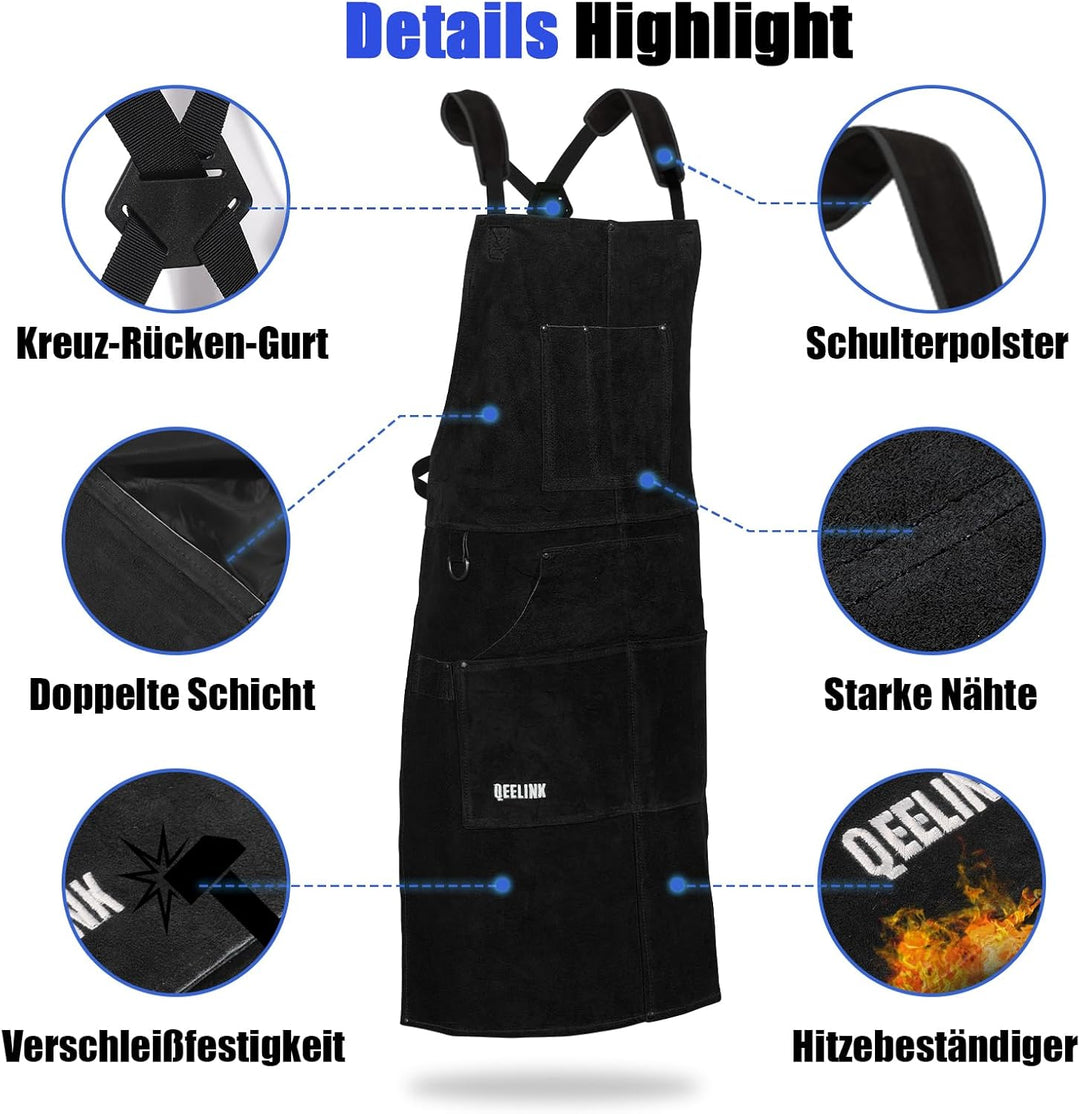 QeeLink Schweisserschürze Leder mit 6 Taschen, Lederschürze – Flammhemmende & Hitzebeständige Arbeit
