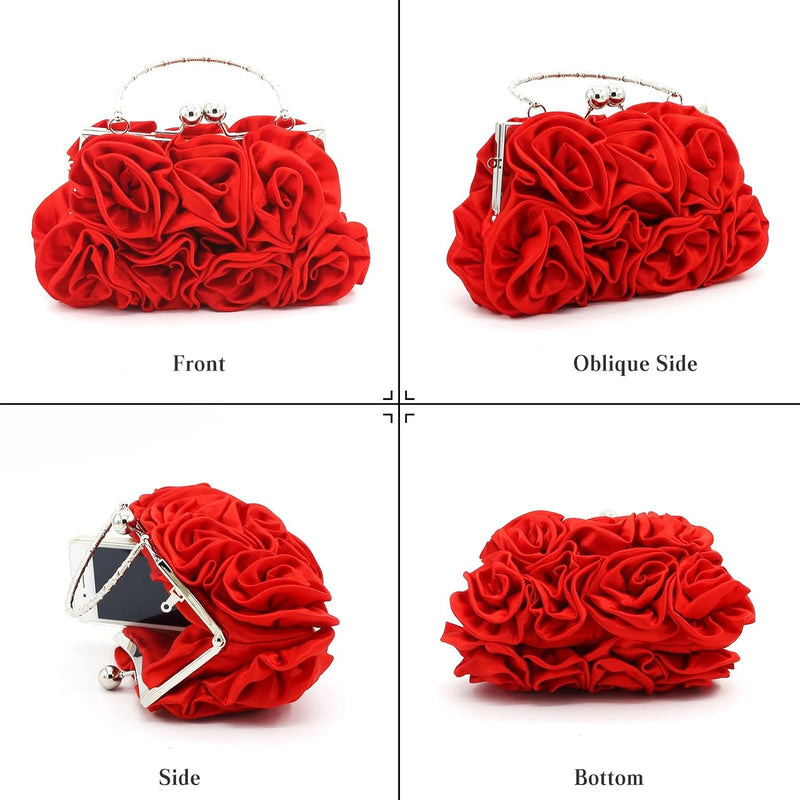 CORIOS Damen Elegante Abendtasche Blumen Clutch Tasche Handtasche mit Kette Kiss Lock Mini Rose Schu