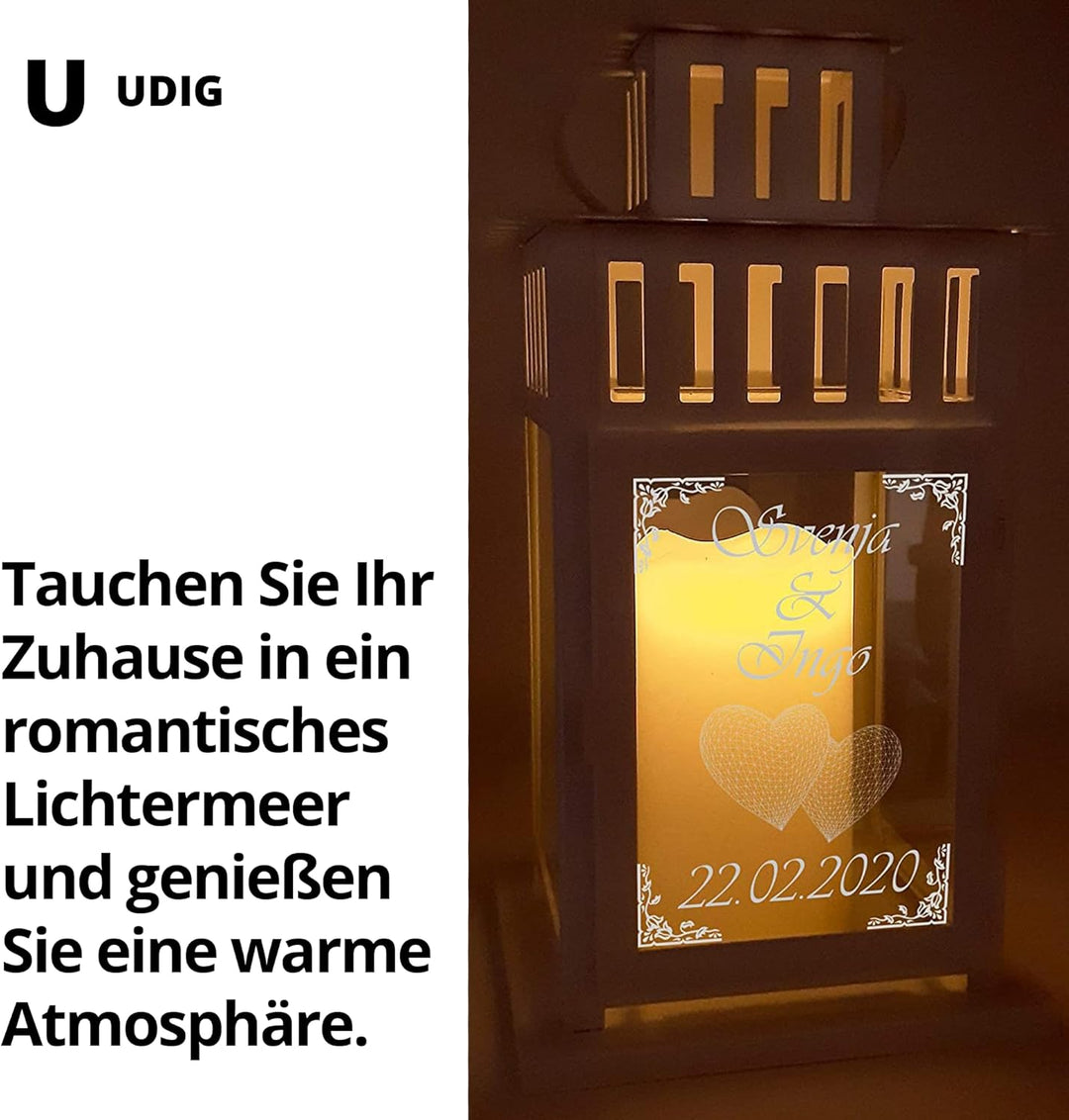 UDIG Laterne mit Gravur aus Metall, weiss, 28x15,5x15,5 cm, Hochzeitslaterne, persönliche Hochzeitsg