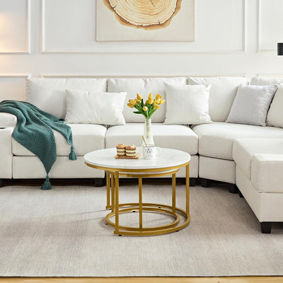 Home Heaven® Couchtisch Rund Weiss Marmor mit Gold – Runder Wohnzimmertisch 2er Set für Wohnzimmer -