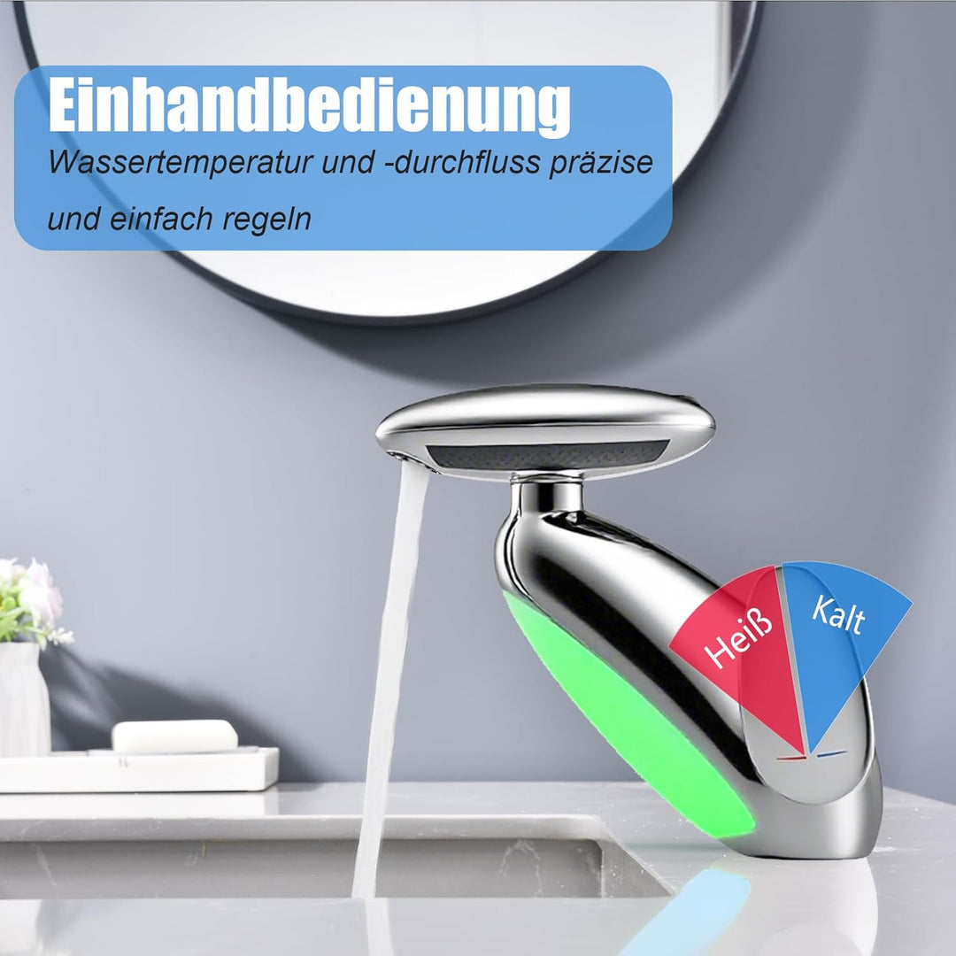 Wasserhahn Bad 4 Modus, LED Waschtischarmatur mit ausziehbarer brause, Wasserfall Mischbatterie Bad,