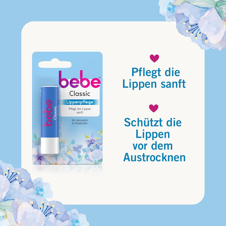 bebe Classic Lippenpflege (12 x 4,9 g), Lippenpflegestift mit Avocadoöl & Sheabutter, pflegt die Lip