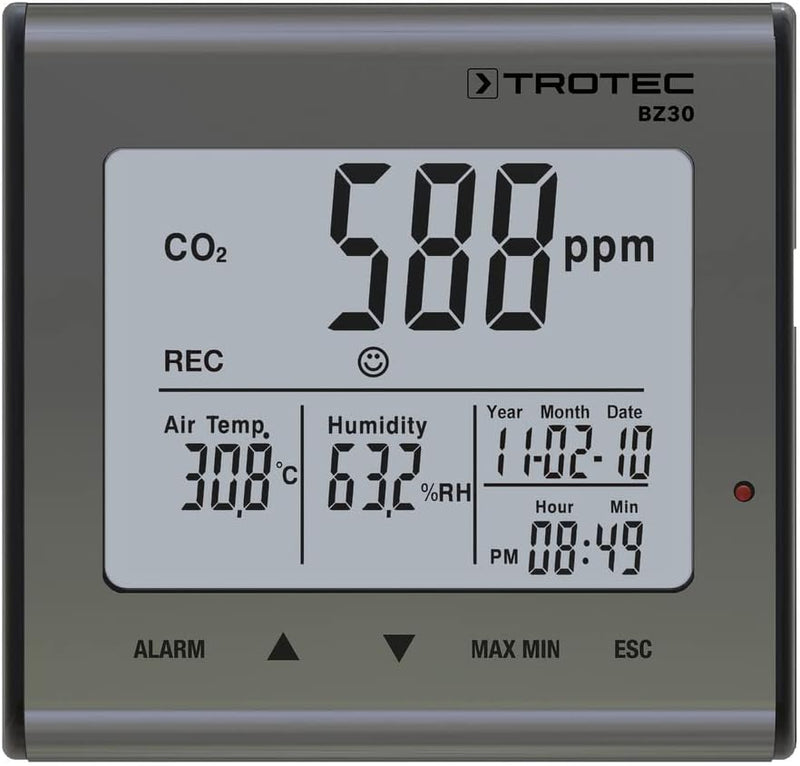 TROTEC CO2 Messgerät BZ30 – Luftqualitätsmonitor, Luftfeuchtigkeit, Temperatur – Messbereich 0 bis 9