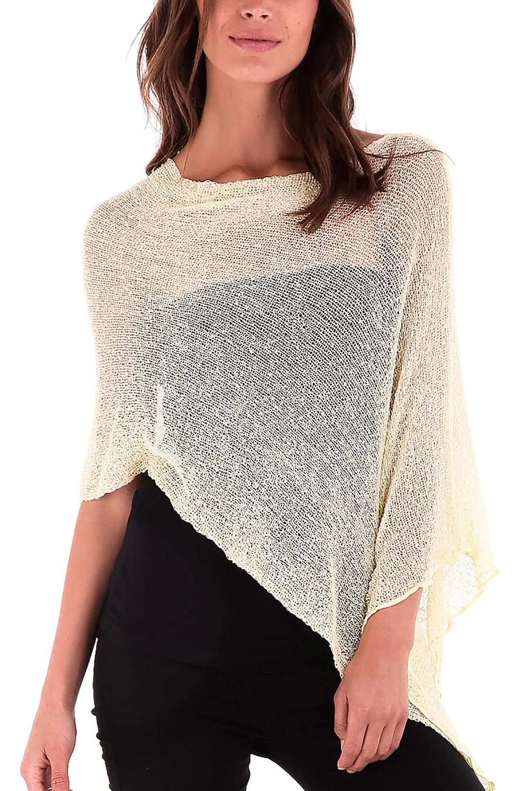 SHU-SHI - Damen Poncho-Top - transparent - leichtes Strickmaterial Cremiges Gelb, Cremiges Gelb
