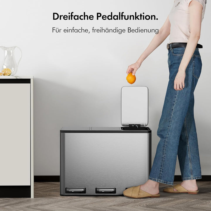 VonHaus Mülleimer Küche 3 Fächer, 45L Recycling Mülltrennsystem – Abfalleimer Biomüll, Rutschfester