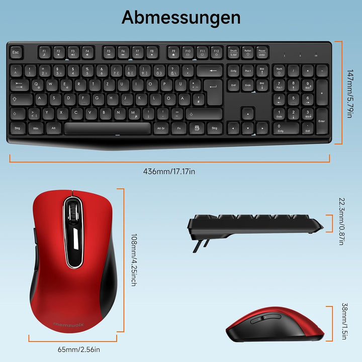 QWERTZ Kabelloses Tastatur Maus Set, Full Size 105-Tasten Tastatur mit Nummernblock, 2.4GHz Funk mit