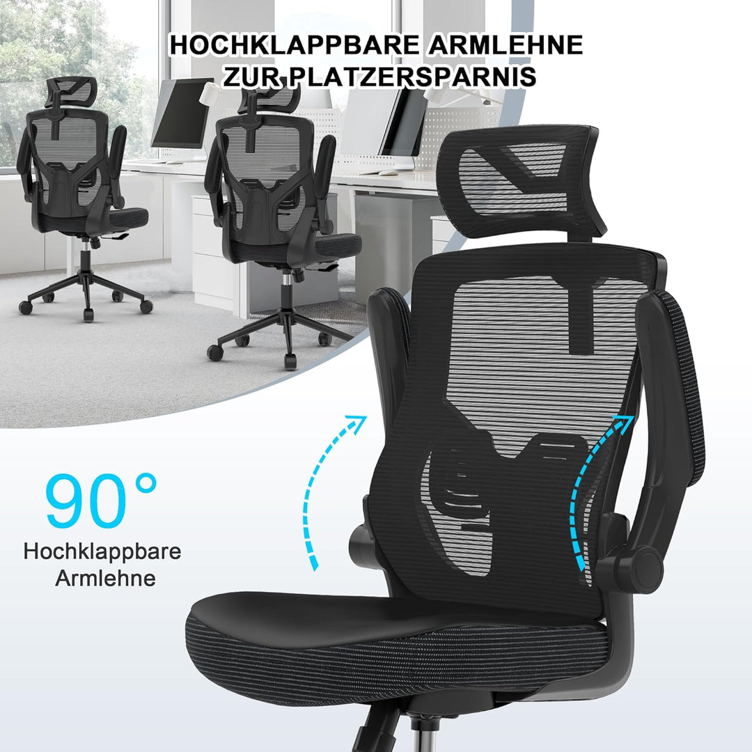 CYKOV Bürostuhl Ergonomisch, PC Stuhl mit Verstellbarer Kopfstütze & Klappbaren Armlehnen, Schreibti