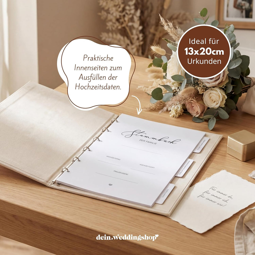 Stammbuch Hochzeit Beige-Grau Gold Samt Velour, handgefertigt inkl. vorgedruckten Innenseiten -Stand