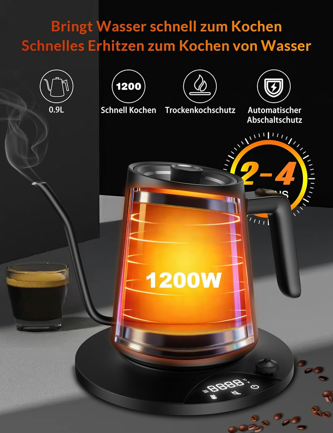 Schwanenhals Wasserkocher,1200W Elektrischer Kaffeekessel aus Edelstahl,Temperatureinstellung mit 24