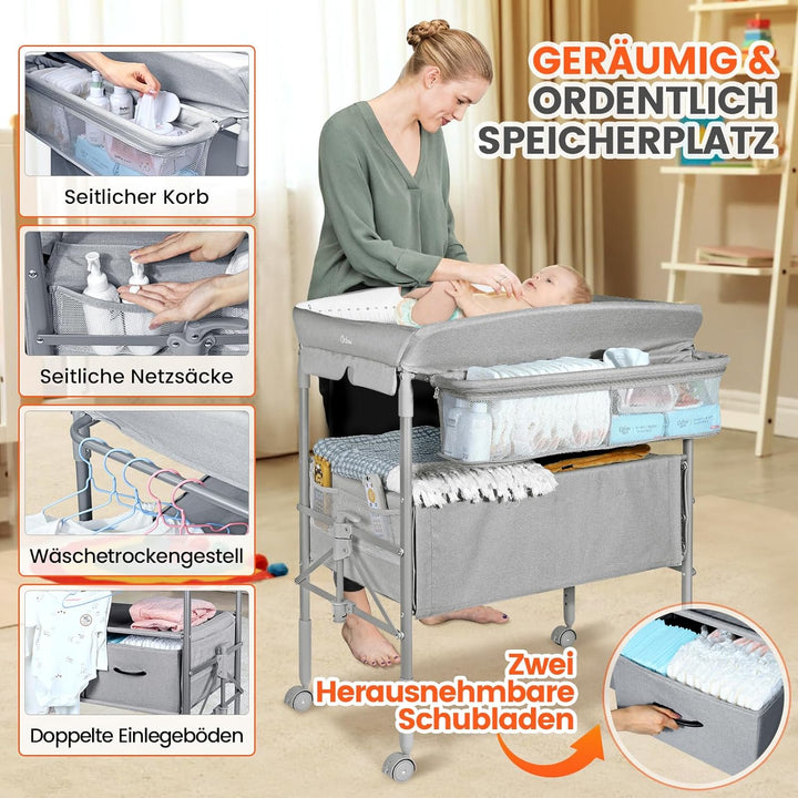 Orzbow Tragbarkeit Baby Wickelkommode mit Schubladen und Nachtlicht, Höhenverstellbare Mobiler Baby