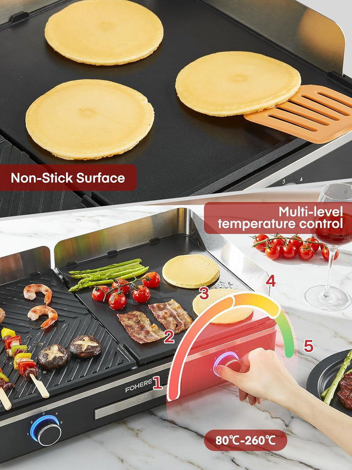 FOHERE Elektrogrill Tischgrill mit 2 Getrennt Regelbaren Grillplatten (Glatt & Gerillt), Extra gross