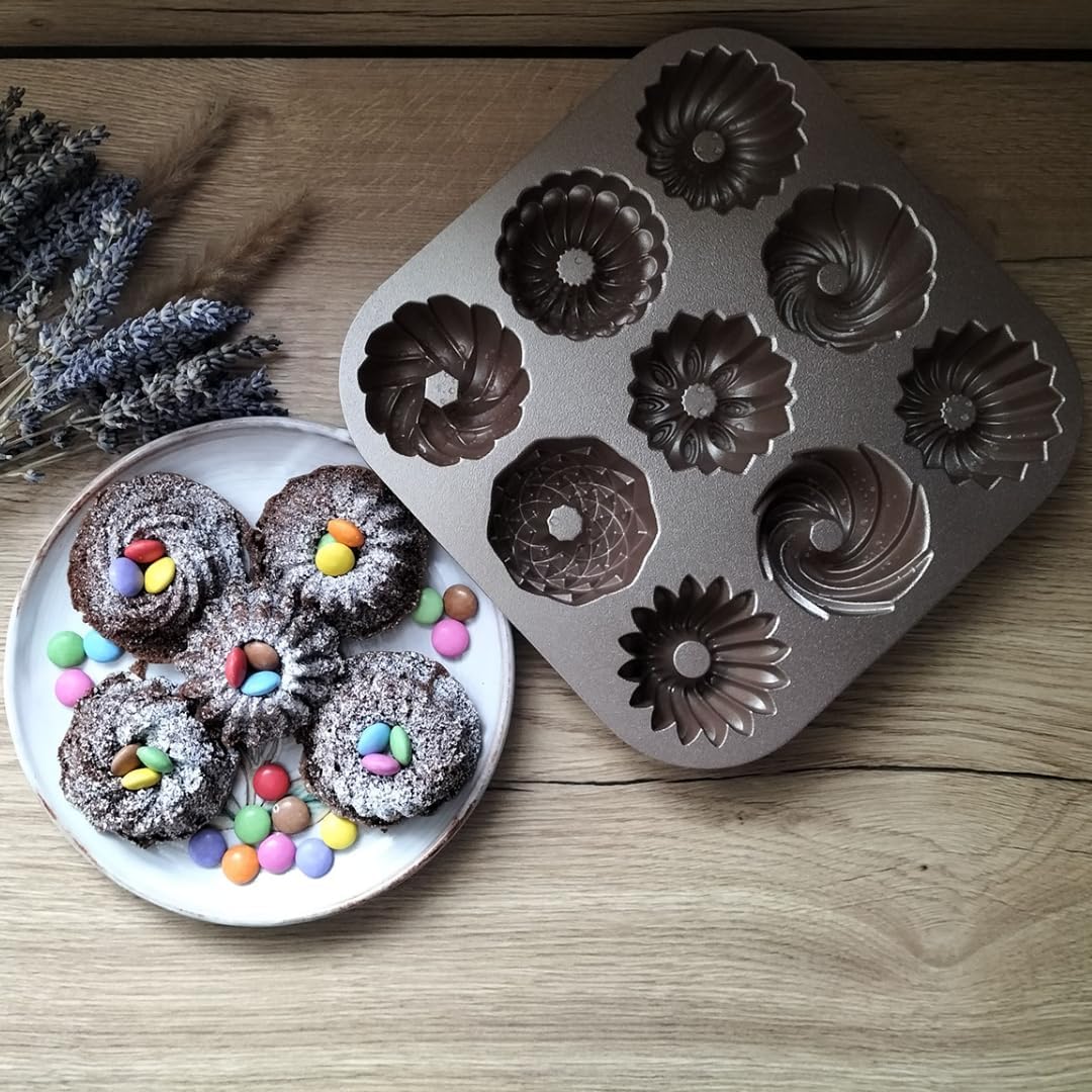 patisse 04521 – Backform für 9 Mini-Gugelhuffs, 9 Mini-Bundt Cakes, Aluminiumguss, goldfarben, 24 x