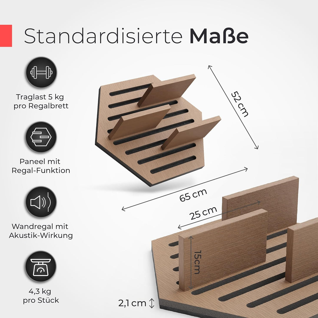 Akustikpaneele Holz Wandregal – Echtholz Walnuss & Akustikfilz Schwarz | Hexagon 65x52cm – Regal & S