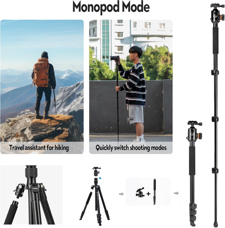 Fotopro 165CM/65inch Kamera stativ, 2 in 1 Aluminium Reisen stativ und 360 ° Kopf Bein, Abnehmbares