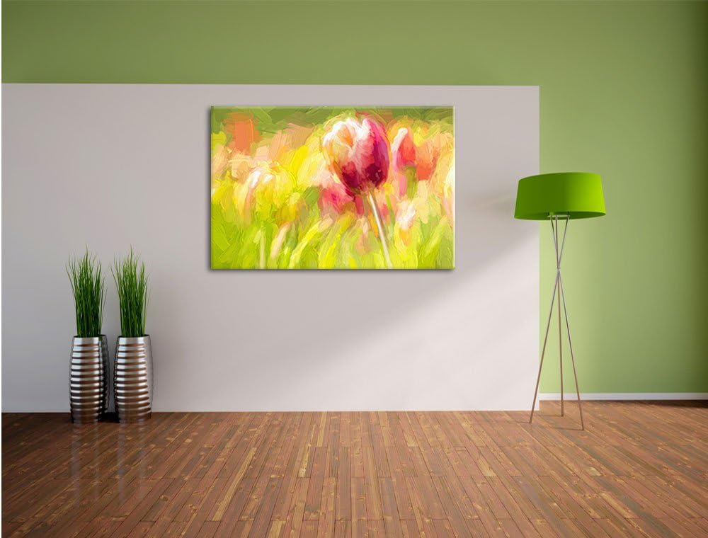 Pixxprint Blühende rote Tulpen Kunst als Leinwandbild/Grösse: 100x70 cm/Wandbild/Kunstdruck/fertig b