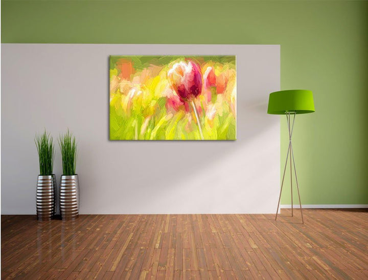 Pixxprint Blühende rote Tulpen Kunst als Leinwandbild/Grösse: 100x70 cm/Wandbild/Kunstdruck/fertig b