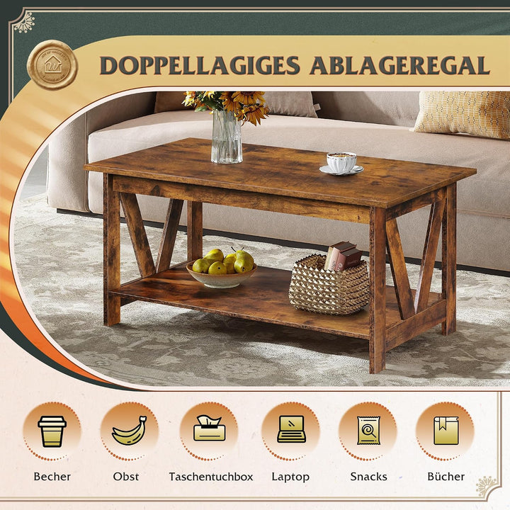 WLIVE Couchtisch Rechteckig, wohnzimmertisch Holz mit offenes Fach, V-Streben, Sofatisch Für Wohnzim