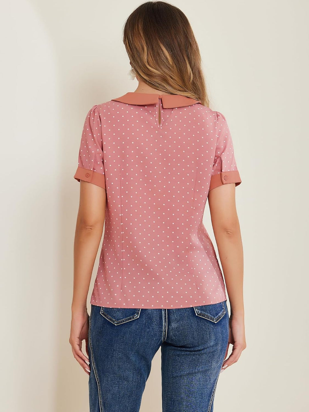 Allegra K Damen Kurzarm Bubikragen Punkte Oberteil Vintage Polka Dots Elegant Top Bluse XS Dunkelpin
