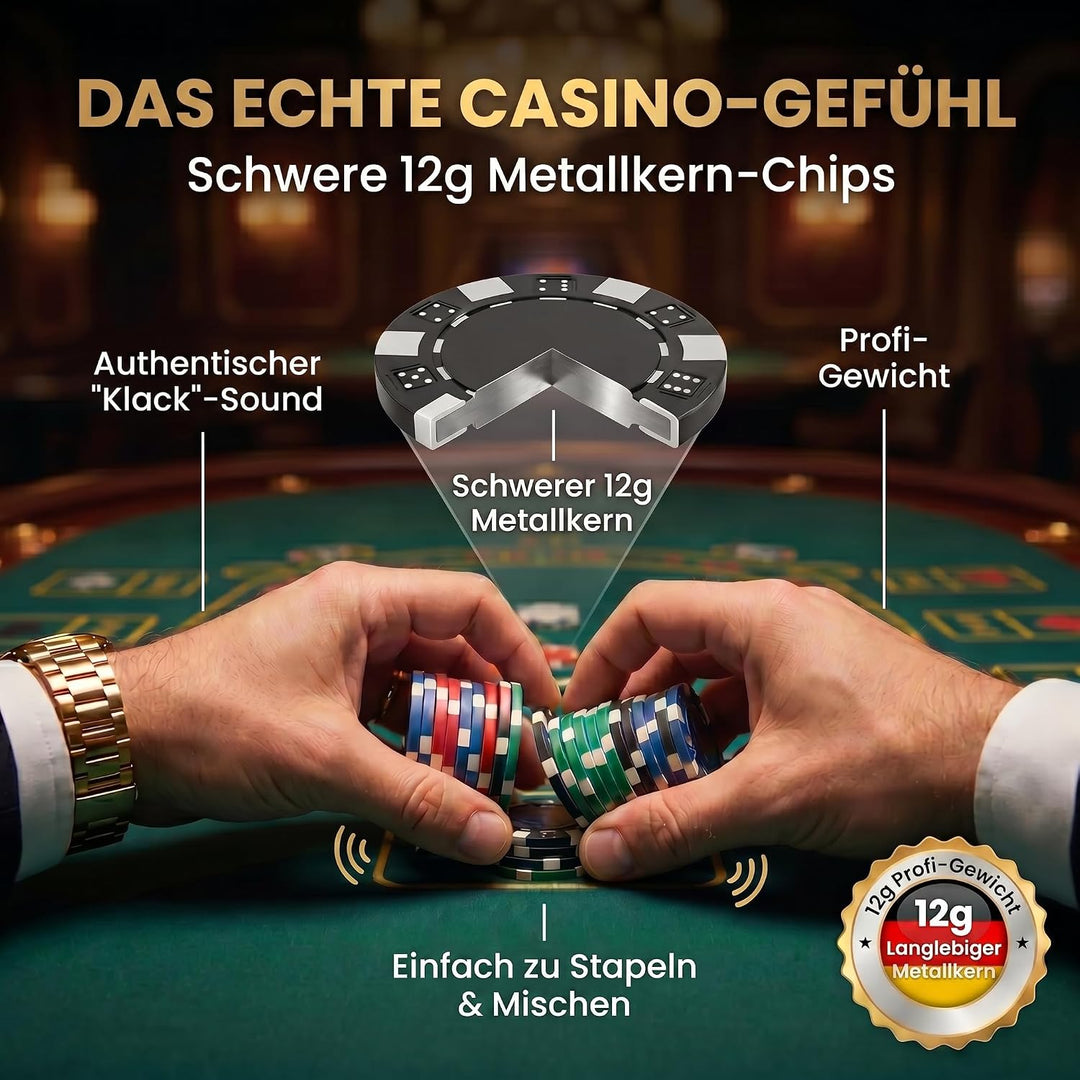 Profi Pokerkoffer Pokerset inkl. 300-500 schwerer 12g Metallkern Poker-Chips; Pokerdeck, Pokerkarten