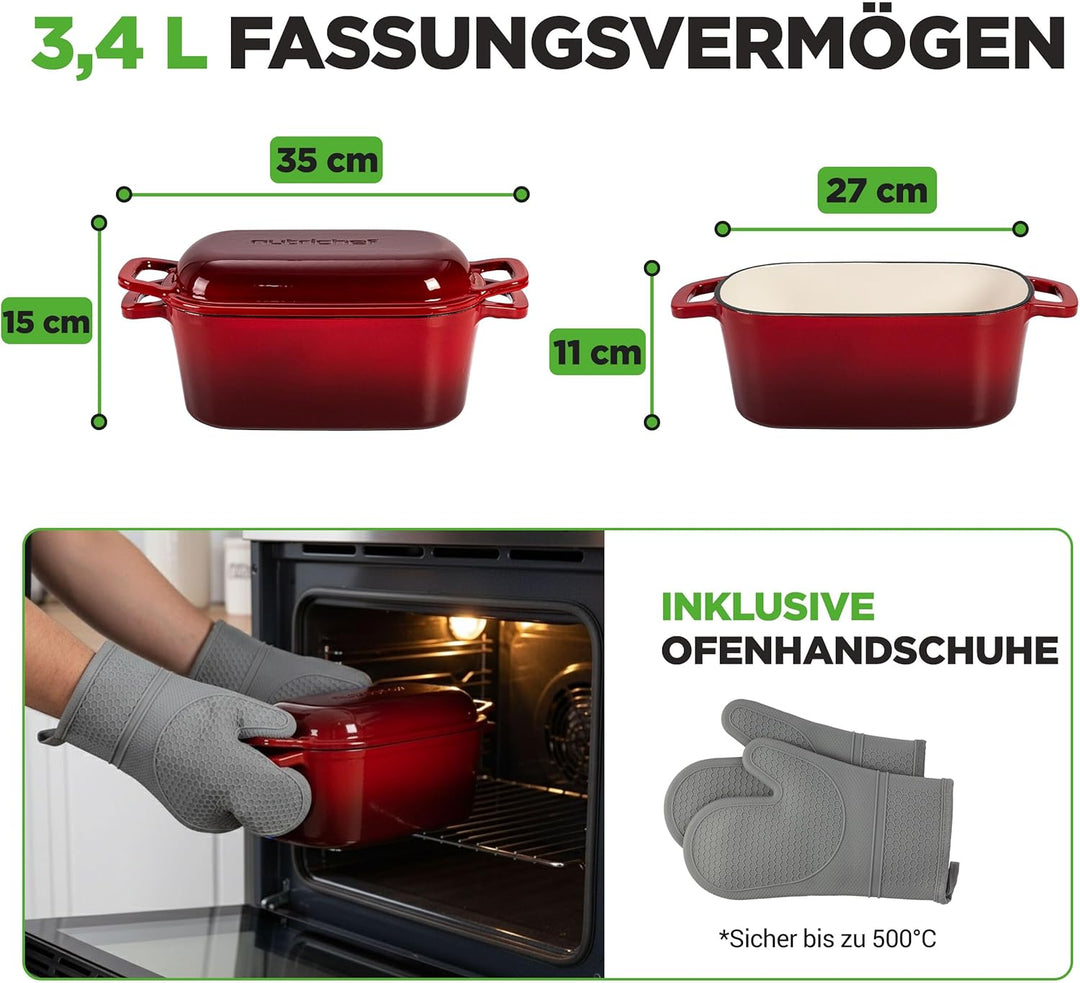 NutriChef Gusseisen Topf - Brotbacktopf - mit Deckel - 25,4 cm ovaler Brottopf mit Silikonhandschuhe