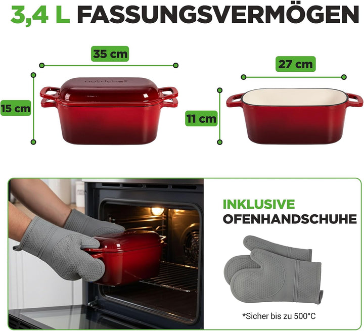 NutriChef Gusseisen Topf - Brotbacktopf - mit Deckel - 25,4 cm ovaler Brottopf mit Silikonhandschuhe