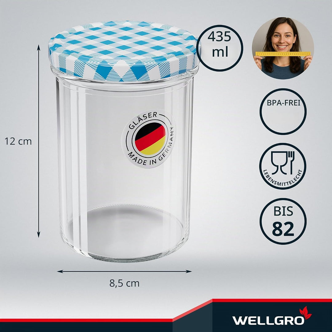 WELLGRO 50x Einmachgläser mit Schraubdeckel - 435 ml, 8,5 x 12 cm (ØxH), Glas/Metall, blau karierte
