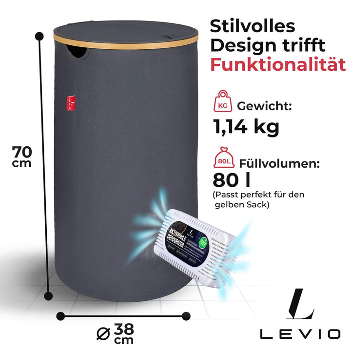Levio® Gelber Sack Ständer mit Deckel – Müllsackhalter [80L mit Geruchsfilter] – Mülltonne Gelber Sa