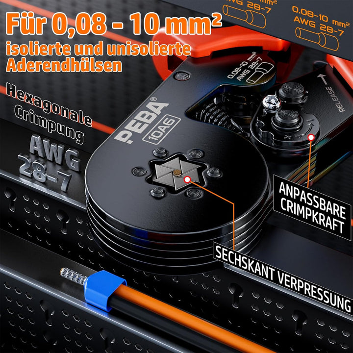 PEBA Crimpzange Aderendhülsen Set, Sechskant Crimpzange [0,08-10 mm²] mit 21 Arten Isolierte Aderend