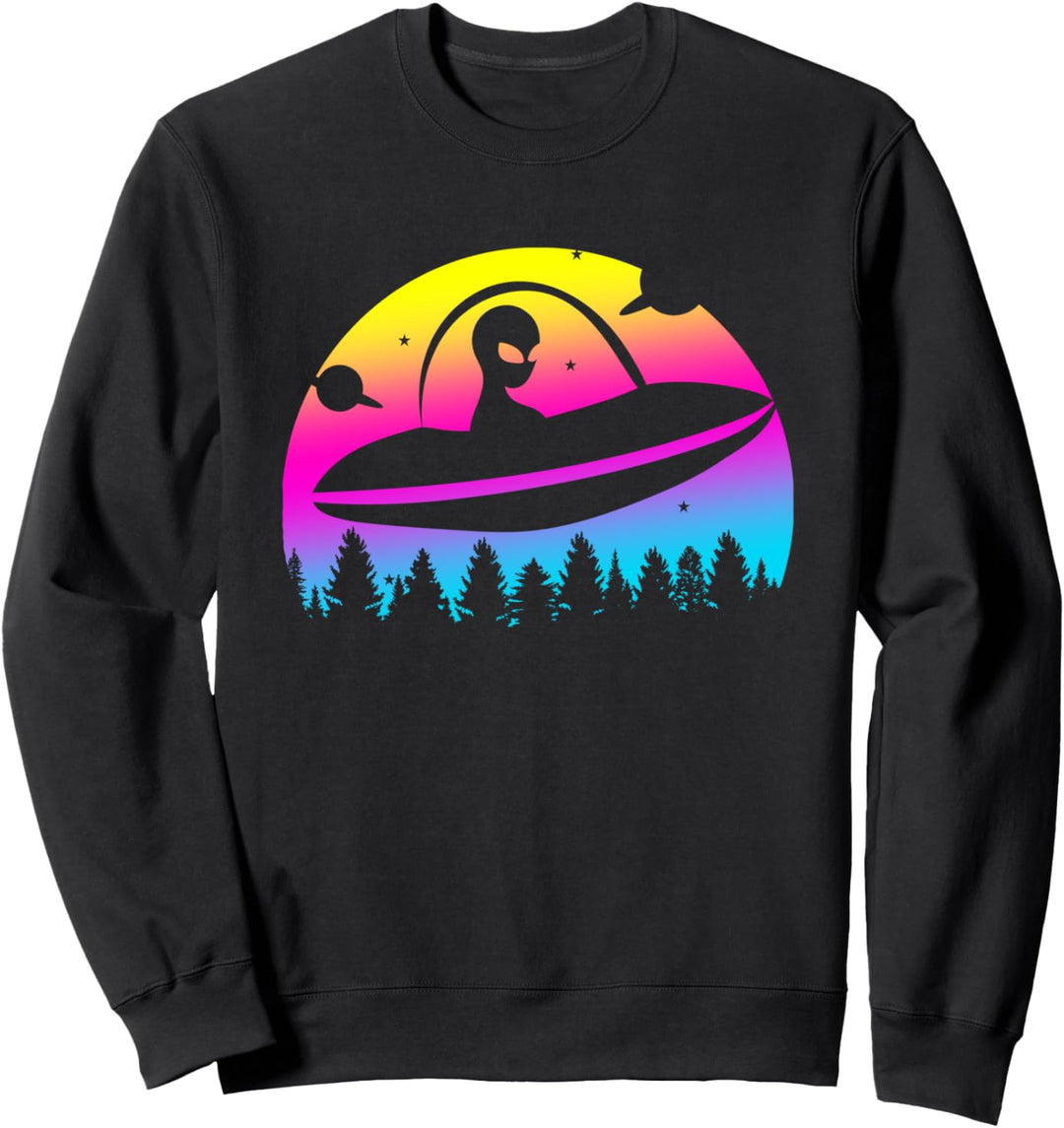 Alien Raumschiff UFO UAP Buntes Retro Sonnenuntergang Design Sweatshirt