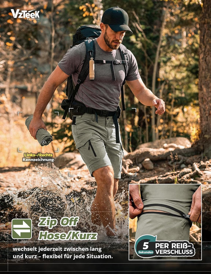 Vzteek Herren Wanderhose Zip Off Trekkinghose Outdoorhose Sommer Softshell Stretch Hose Kurz für Wan