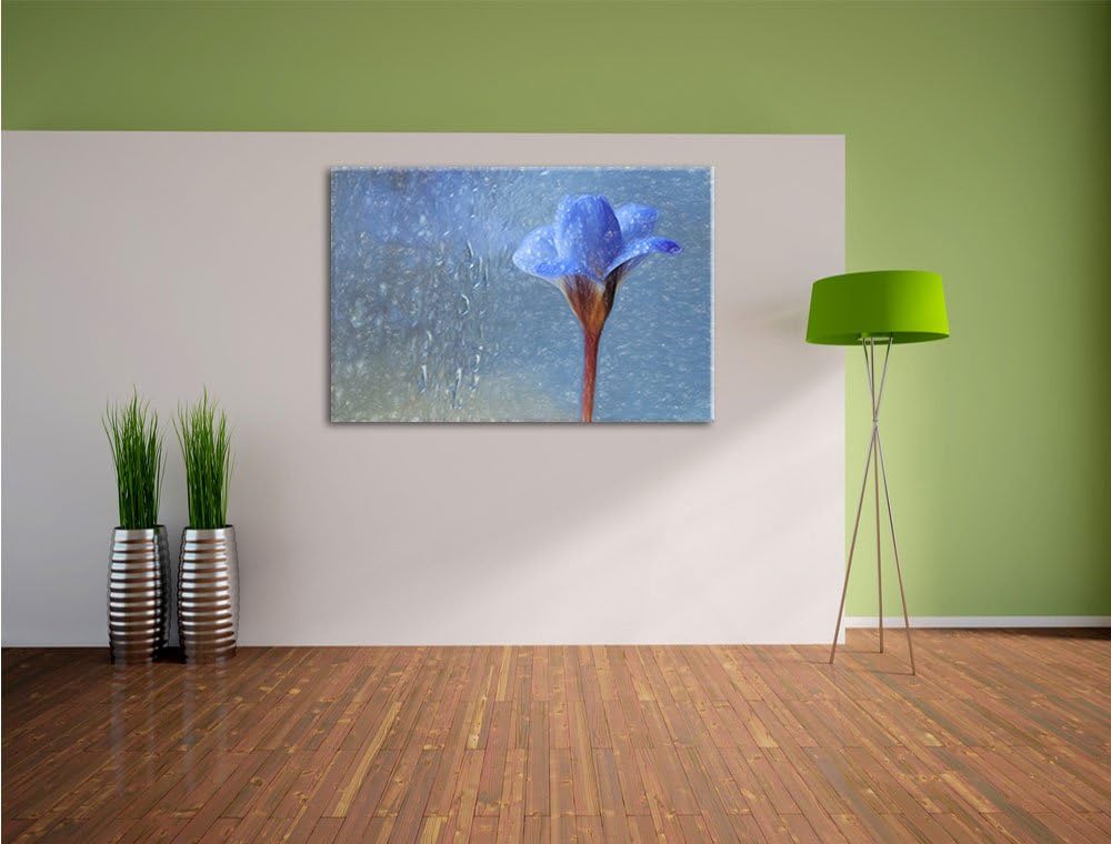 Pixxprint Blaue Frühlingsblume mit Tautropfen Kunst Buntstift Effekt, Format: 100x70 auf Leinwand, X