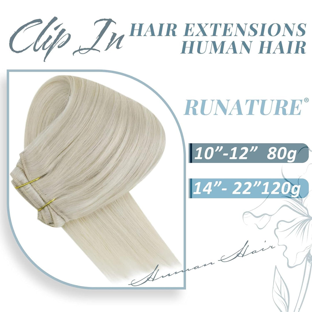 RUNATURE Clip in Extensions Echthaar Weiss Blond Remy Haarverlangerung Echthaar Clip in Glatt Haar E