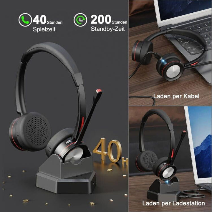 Bluetooth Headset mit Mikrofon für PC, Wireless Headset mit USB Adapter & Ladestation, 40 Stunden Sp