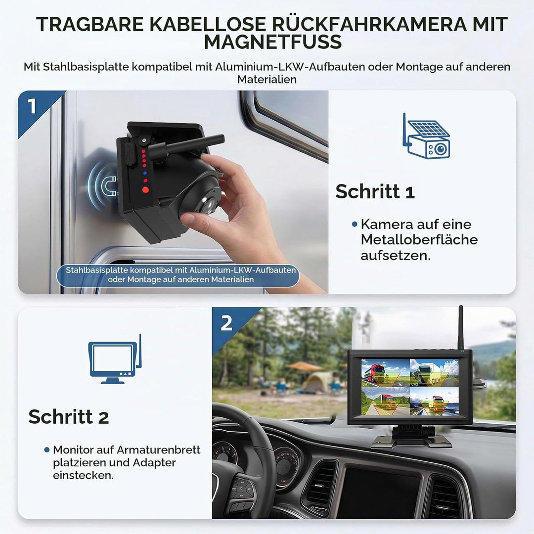 Solar Rückfahrkamera Kabellose Magnetische mit 7" 1080P LCD Monitor