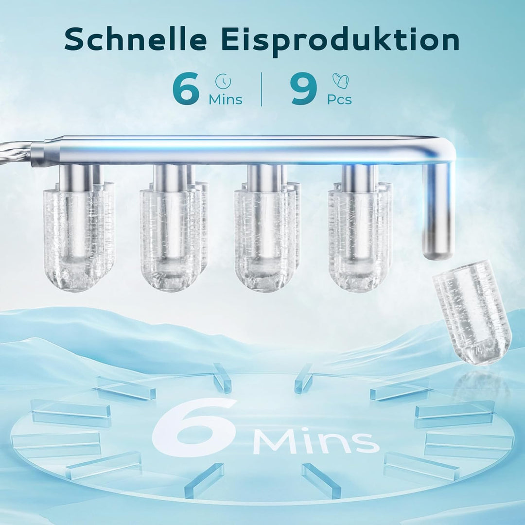 EUHOMY Eiswürfelmaschine, 9 Würfel in 6 Min, Bullet-Eismaschine, 2 Würfelgrössen, Edelstahl-Eismasch