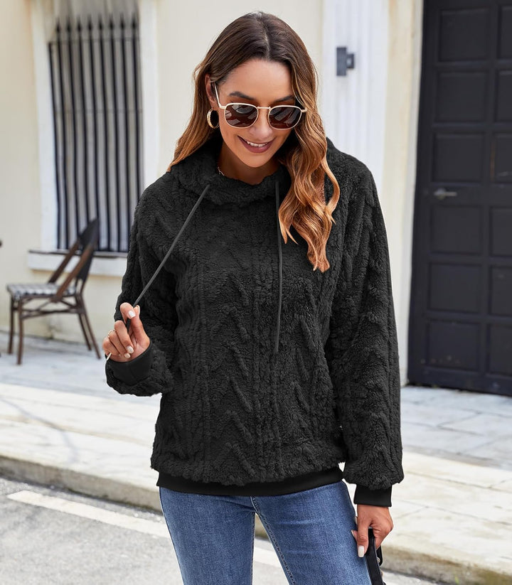 Zetieny Hoodie Damen Kapuzenpullover Teddy Fleece Double Fuzzy Fluffy Jacquard Pullover Lässiges War