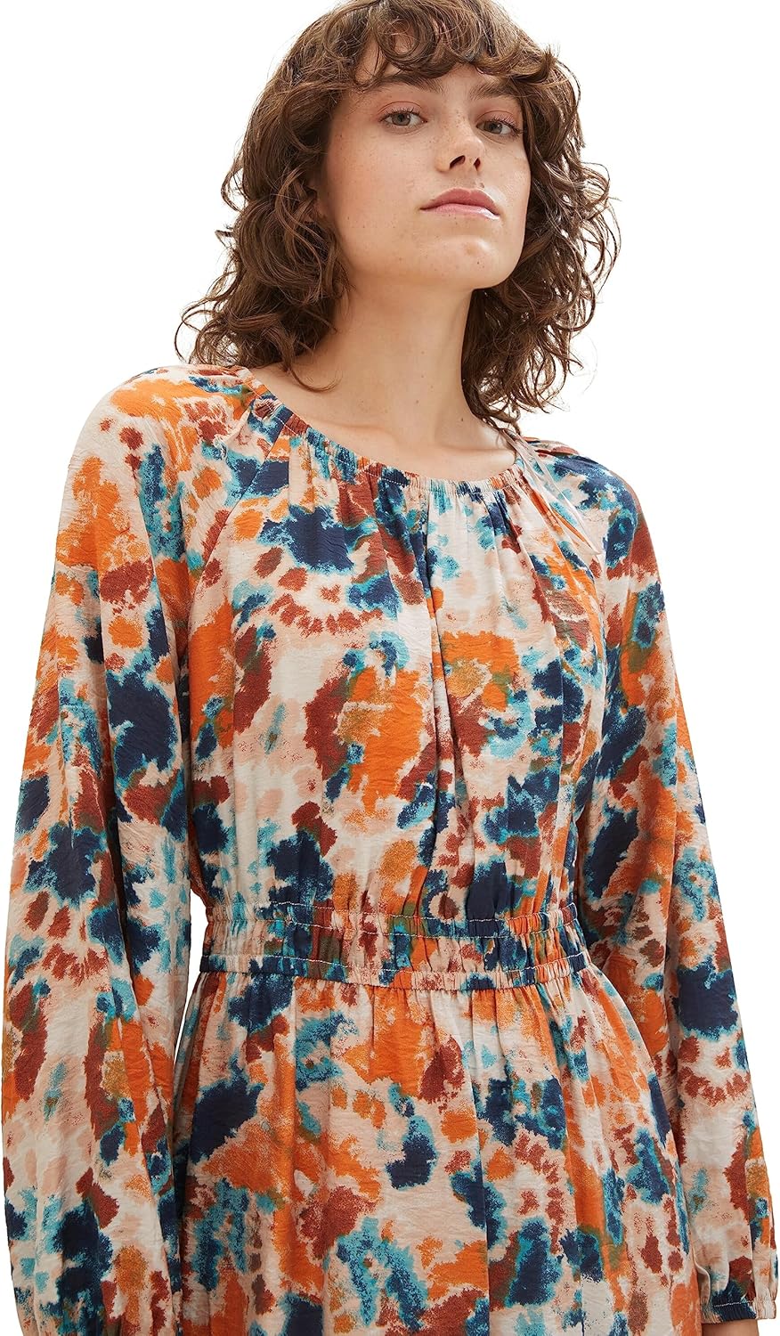 TOM TAILOR Damen Maxikleid mit Raffung 44 32367-grey Orange Tie Dye Floral, 44 32367-grey Orange Tie