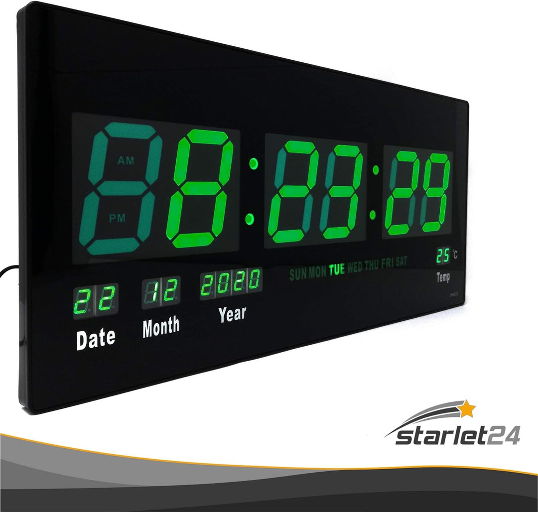 Starlet24 LED Wanduhr mit Datums- und Temperaturanzeige grosse LED-Anzeige 45x22cm (JH4622) Grün, 45