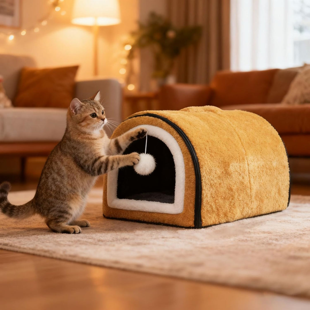 Beheiztes Katzenbett Katzenhöhle, Abnehmbare Halb-Umschliessende Nestform mit Gewölbtem Dach & Tempe