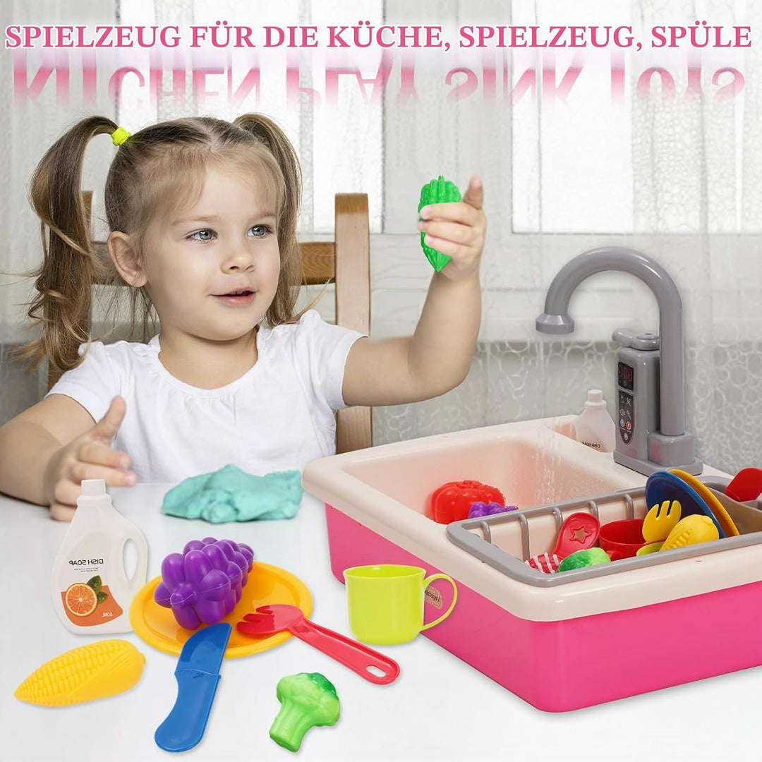Spielspüle Kinder,Küchenspüle Spielzeug Set mit Wasserkreislauf,Elektrischem Wasserhahn,Rollenspiel-