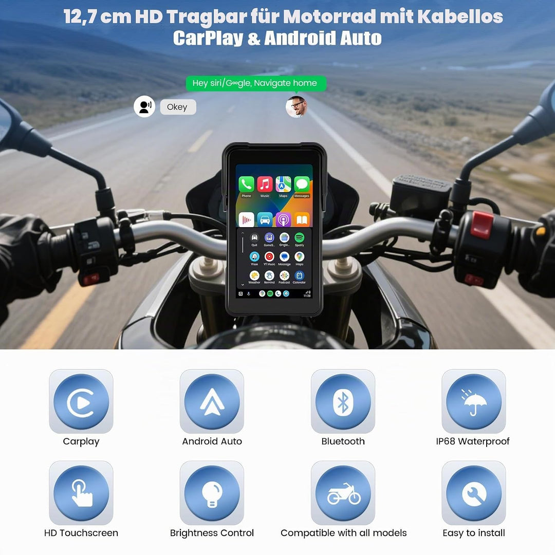 SIXWIN Carplay Motorrad Display für Moto mit Wireless Carpla/Android Auto, 5&