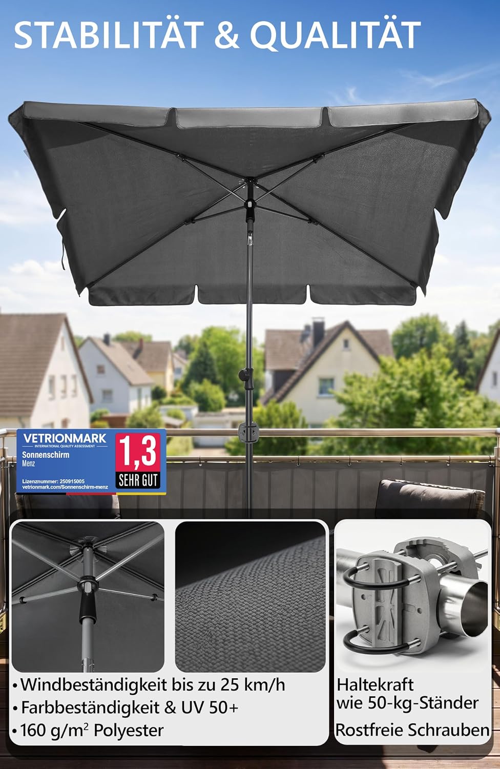 4smile Sonnenschirm Balkon SunnyShade - Sonnenschutz Balkon 3-in-1 SET, Anthrazit - UPF 50+ Sonnensc