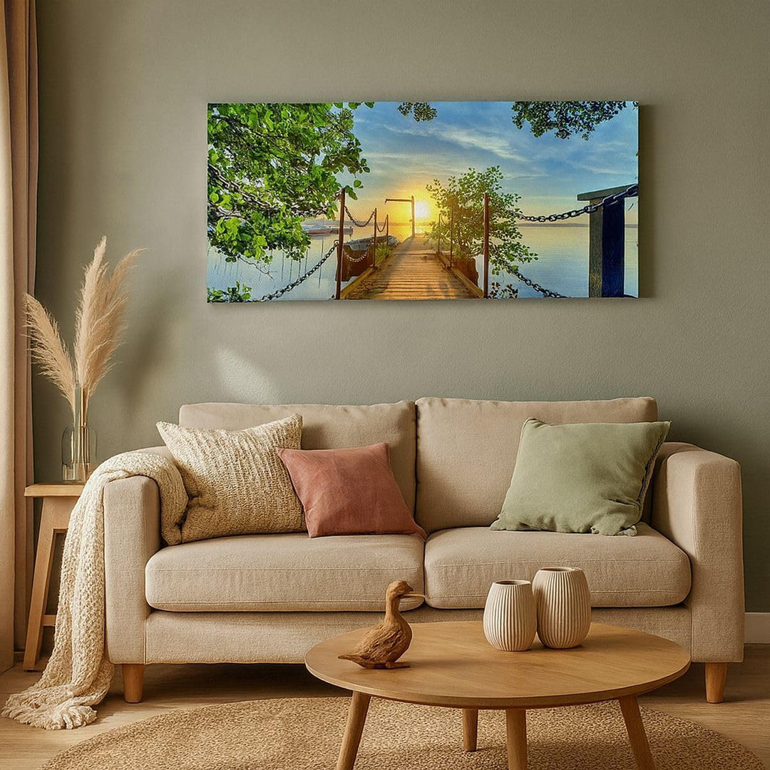 Wandbilder Dekoration Wohnzimmer See Sonnenuntergang Boot Landschaft Bilder auf Leinwand 120x50cm Le