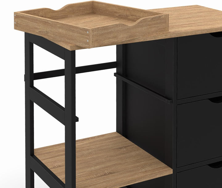 IDMarket - Küchenwagen MUNA 3 Körbe + 1 abnehmbares Tablett schwarz und Bucheffekt B.76 cm
