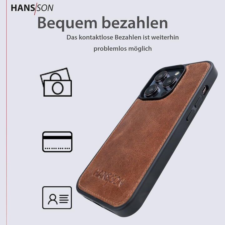 HANS/SON Echtleder Handyhülle in Cognac | iPhone 14 Pro Ledercase | Schutz vor Stürzen und Stössen |